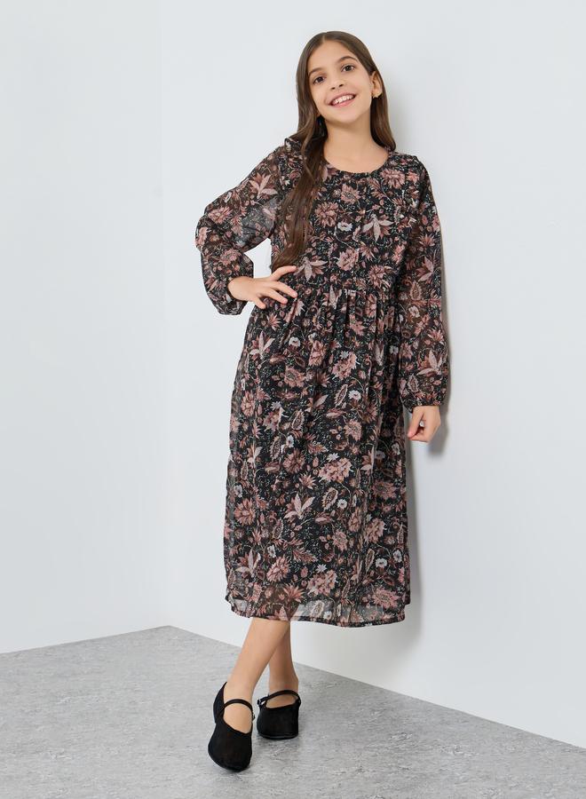 Styli Girls Black Floral Print Long Sleeve Dress - Image 4
